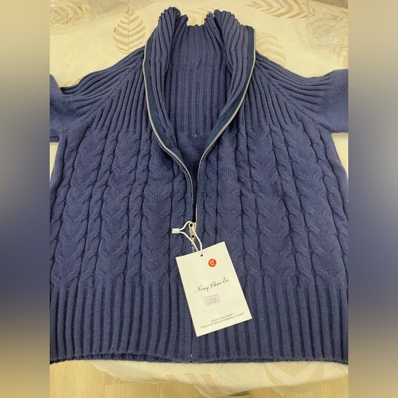 Navy Blue Cable Knit Zip-Up Sweater - Picture 3 of 5